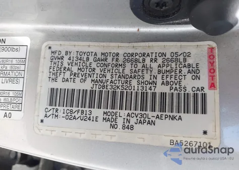 2002 Toyota Camry Le/Se/Xle from USA, damaged, VIN JTDBE32K520113147